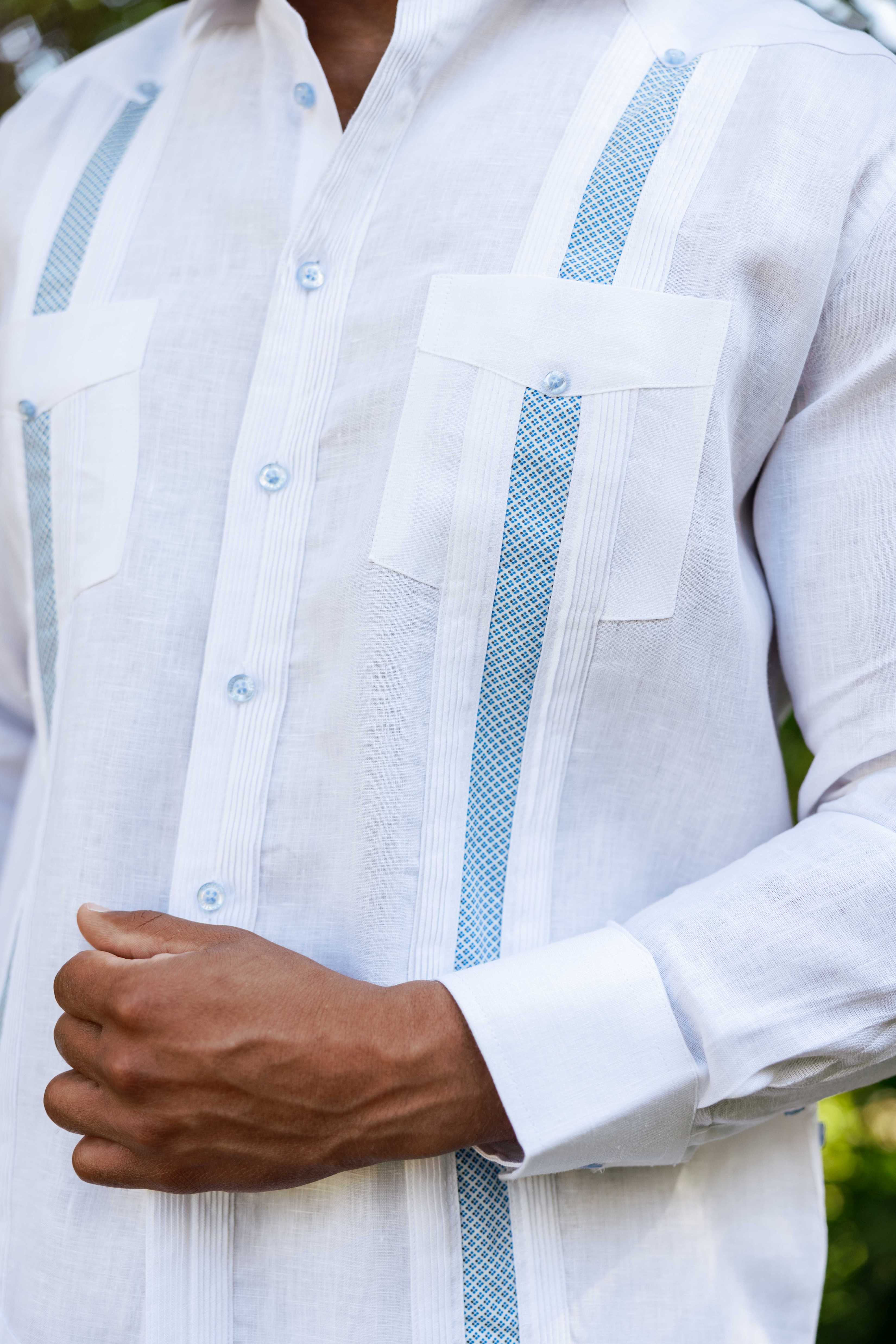 Mojito Men's 100% Linen Guayabera Chacabana Shirt Long Sleeve - Diamond Embroidery