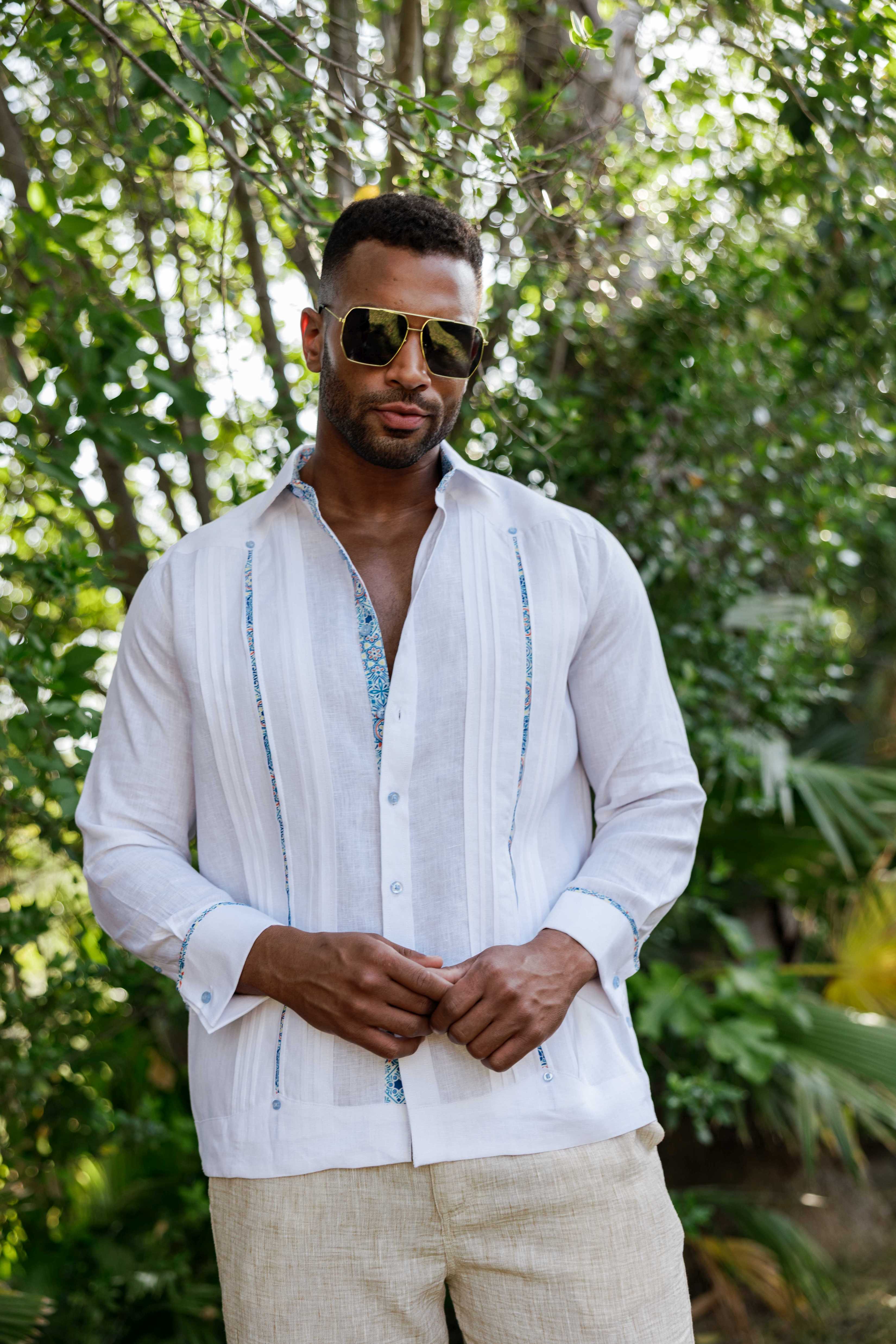 Mojito Men's 100% Linen Guayabera Chacabana Shirt Long Sleeve - Floral Contrast Trim & Blue Embroidery