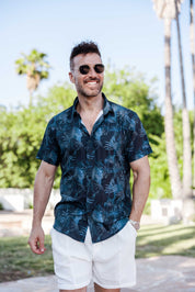 Mojito Lightweight Modern Navy Palm Pattern Print Stretch Shirt