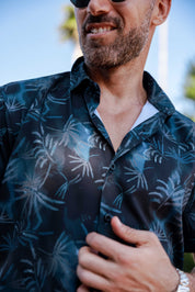 Mojito Lightweight Modern Navy Palm Pattern Print Stretch Shirt
