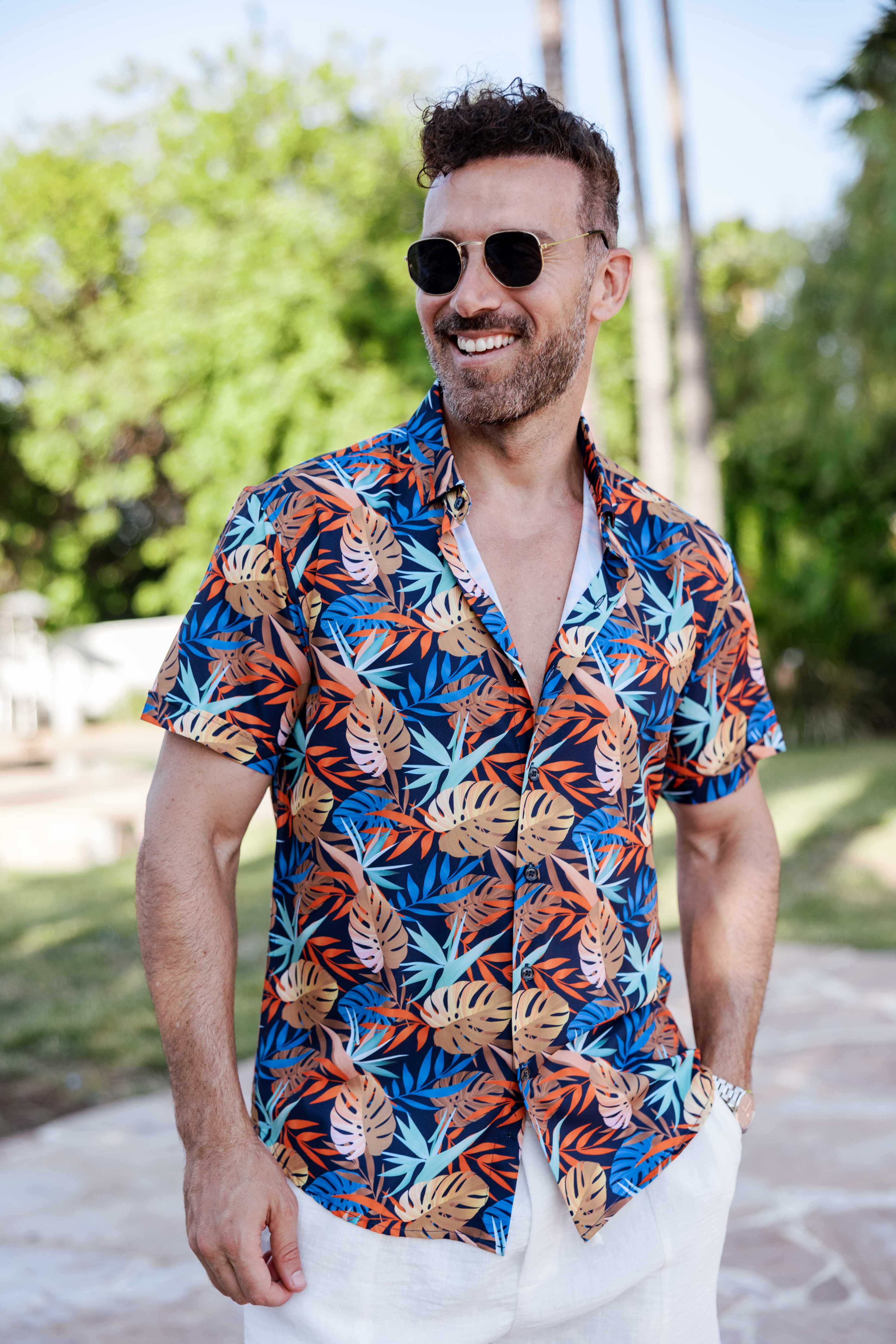 Mojito Lightweight Modern Island Leaf Pattern Print Stretch Shirt