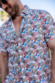 Mojito Lightweight Modern Multi Mini Leaf Pattern Print Stretch Shirt