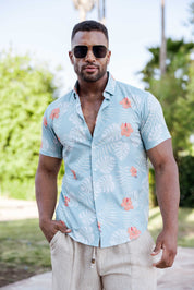 Mojito Lightweight Modern Aqua Floral Pattern Print Stretch Shirt