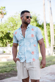Mojito Lightweight Modern Aqua Floral Pattern Print Stretch Shirt