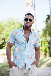 Mojito Lightweight Modern Aqua Floral Pattern Print Stretch Shirt