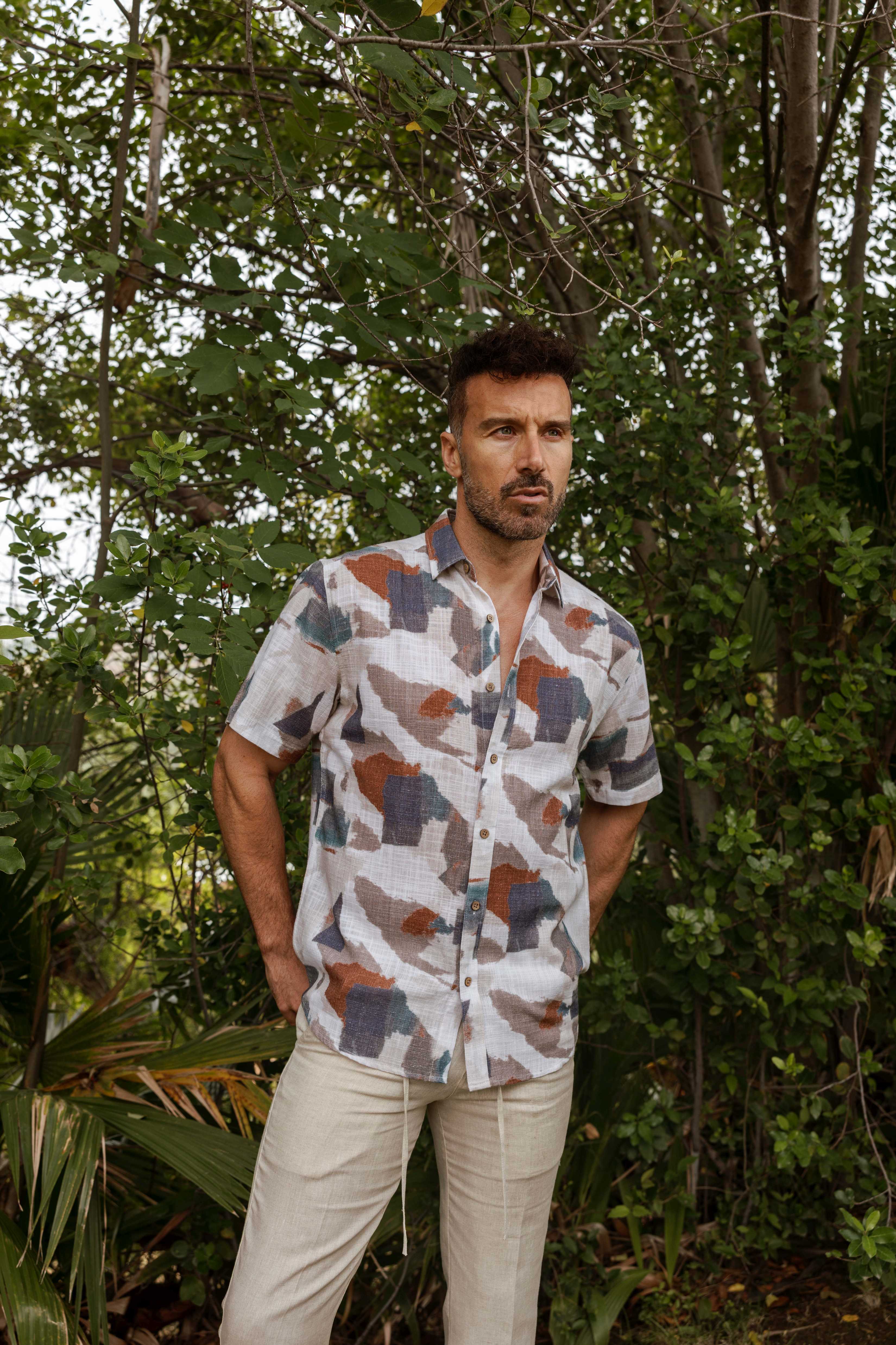 Men's Resort Style Casual Linen Blend Colorful Abstract Print Shirt