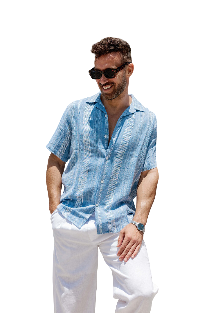 Mojito Men's Resort Style Casual Striped Multi-Texture Weave Linen Blend Shirt