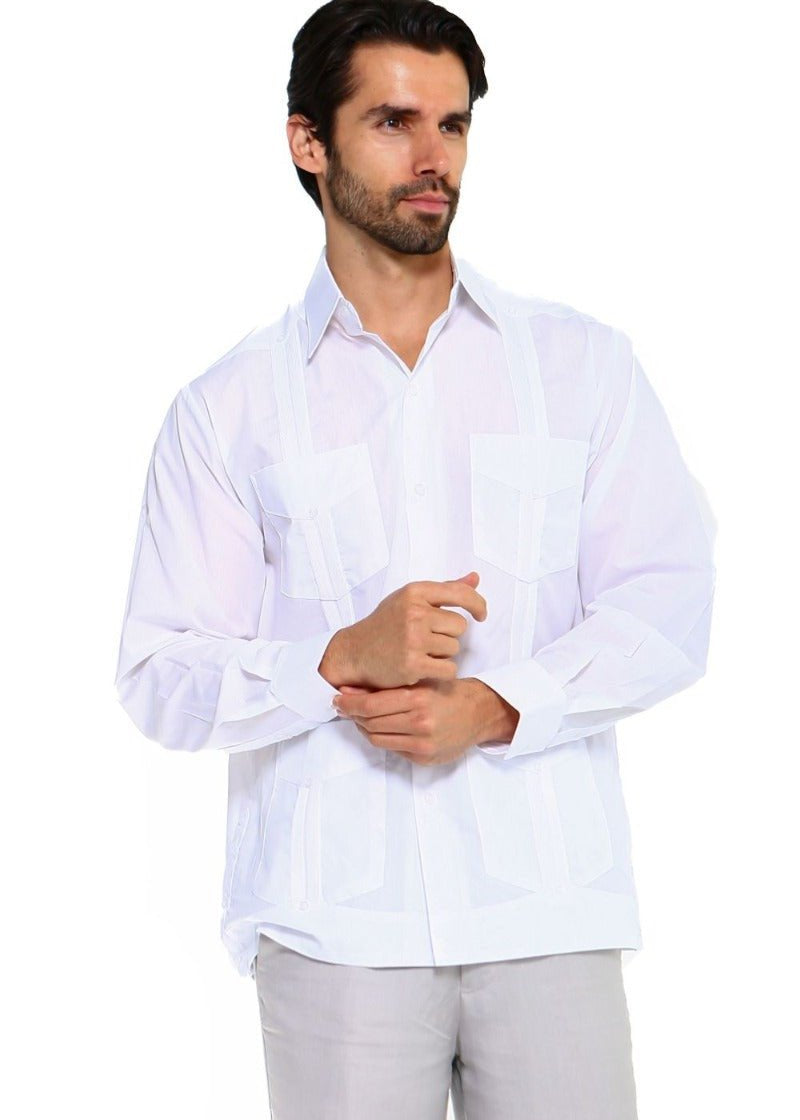 A man wears the white, long-sleeved, four-pocket Men’s Plus Size Guayabera Shirt.