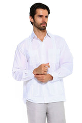 Guayabera de Manga Larga de Mezcla de Algodón con Cuatro Bolsillos Tallas Grandes