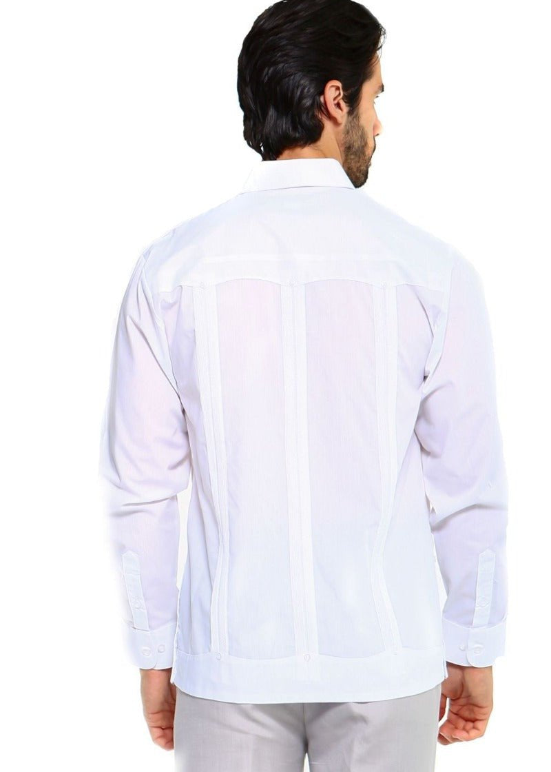 Back view of a man wearing a white, long-sleeved Men’s Plus Size Guayabera Shirt showing classic pintuck details.