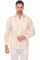 Front view of a man modeling a natural beige, long-sleeve Irish Linen Four Pocket Guayabera Shirt with white linen pants.
