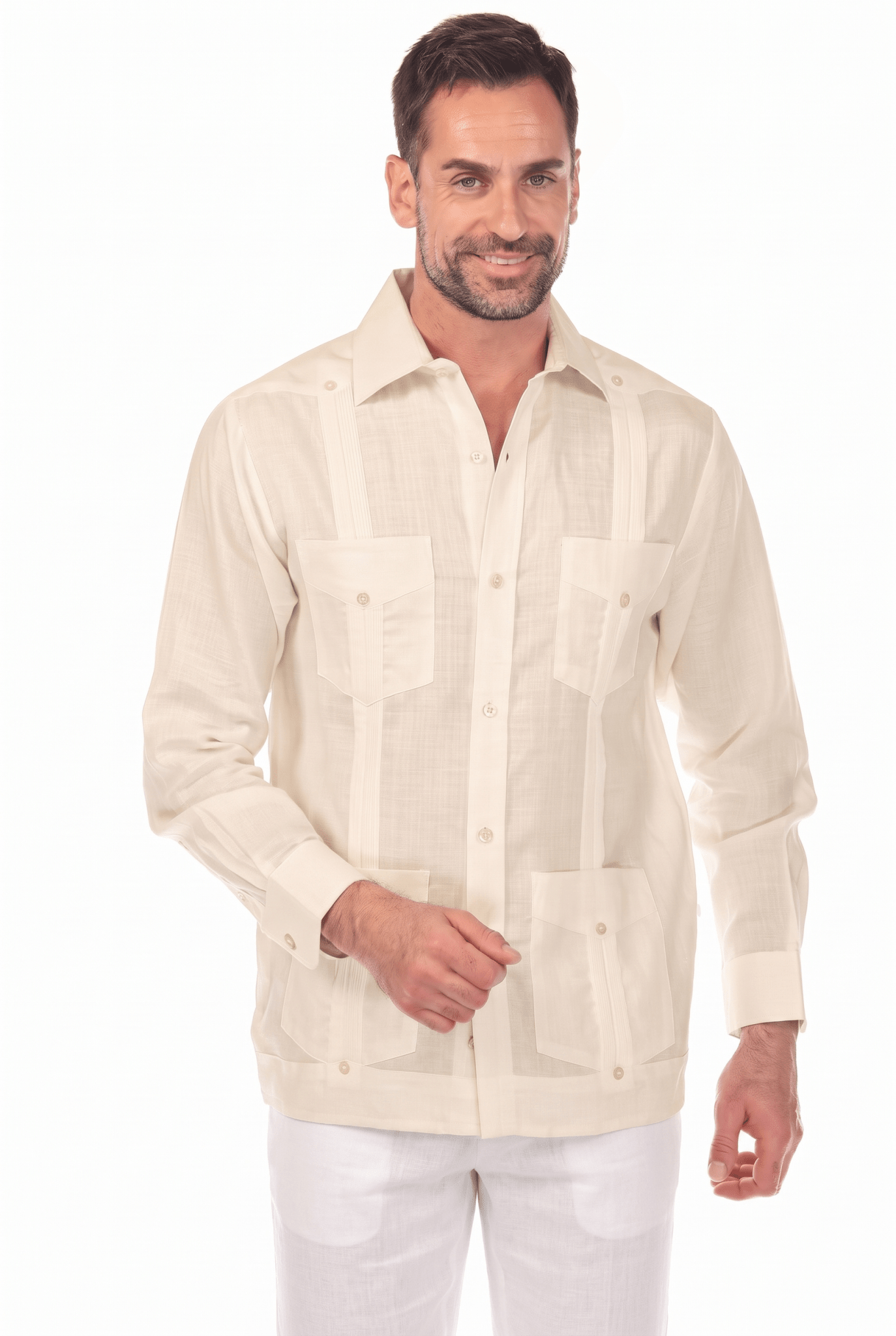 Front view of a man wearing a natural beige, long-sleeve Irish Linen Four Pocket Guayabera Shirt.