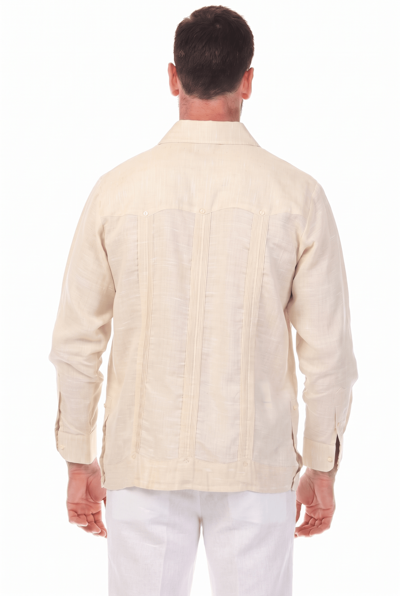Back view of a man wearing a long-sleeve, natural beige Irish Linen Four Pocket Guayabera Shirt.