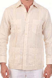 Close-up of a natural beige, long-sleeve Irish Linen Four Pocket Guayabera Shirt featuring its four pockets.