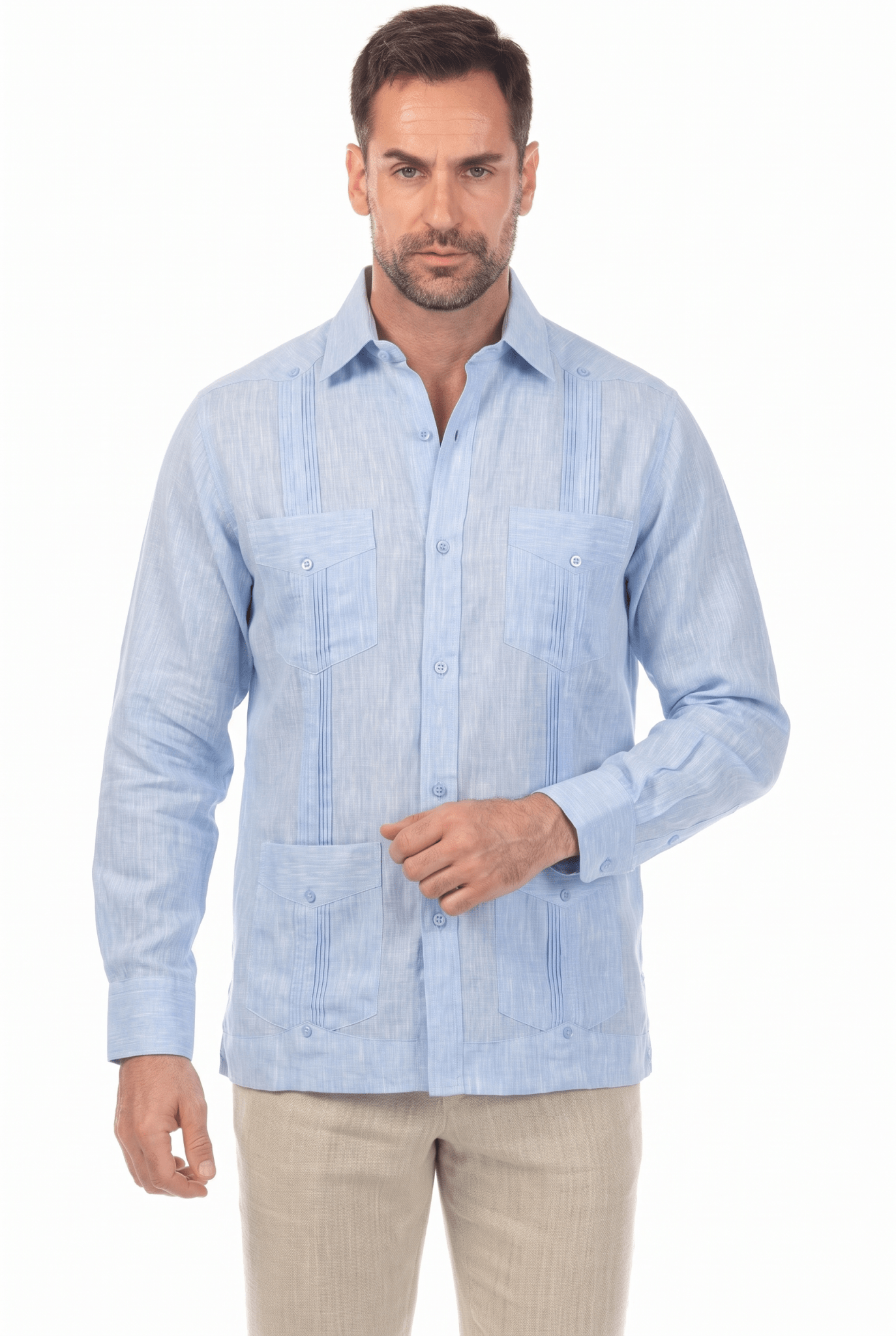 Front view of a man modeling a light blue, long-sleeve Irish Linen Four Pocket Guayabera Shirt.