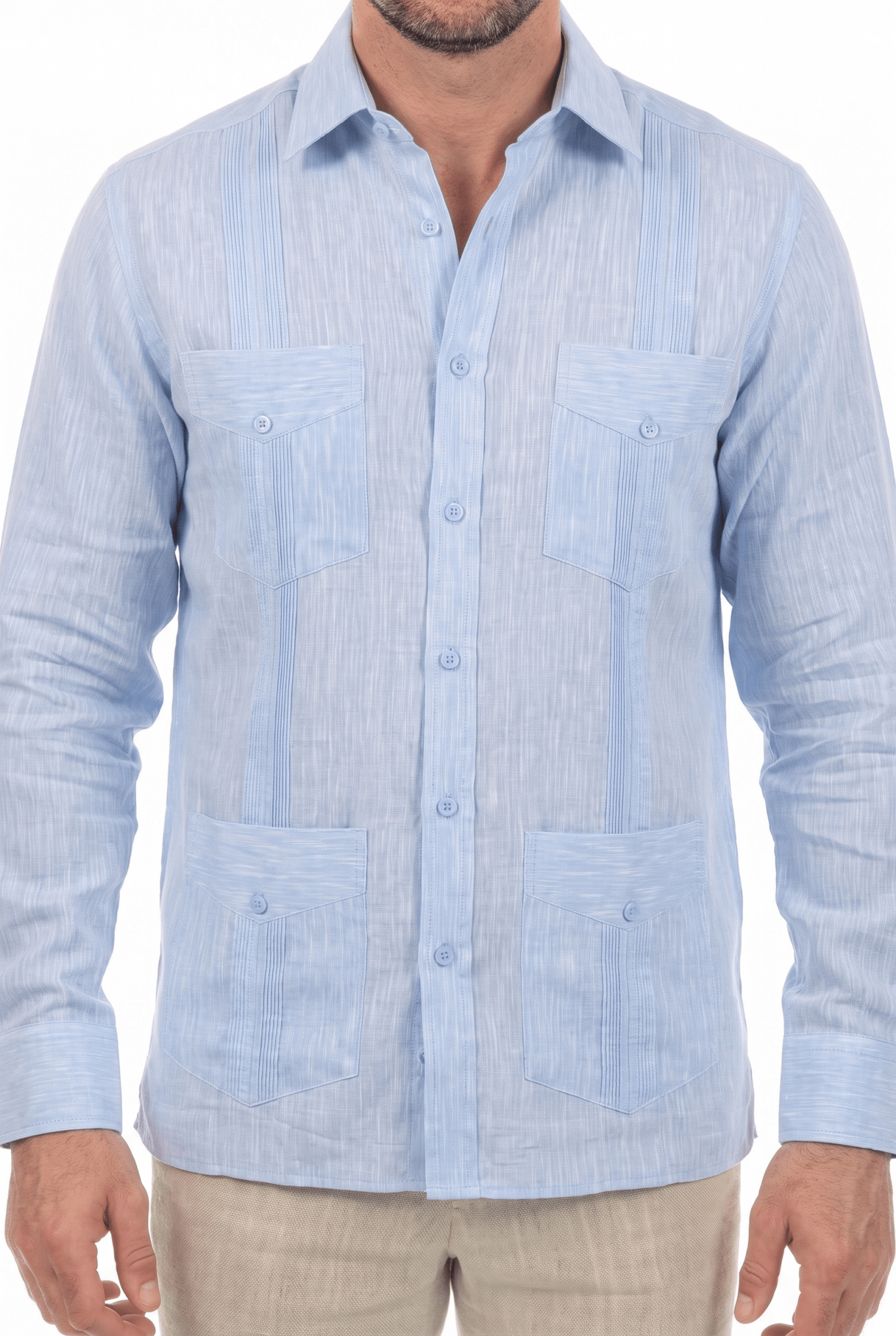 Close-up of a light blue, long-sleeve Irish Linen Four Pocket Guayabera Shirt featuring its four pockets.