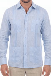 Close-up of a light blue, long-sleeve Irish Linen Four Pocket Guayabera Shirt featuring its four pockets.