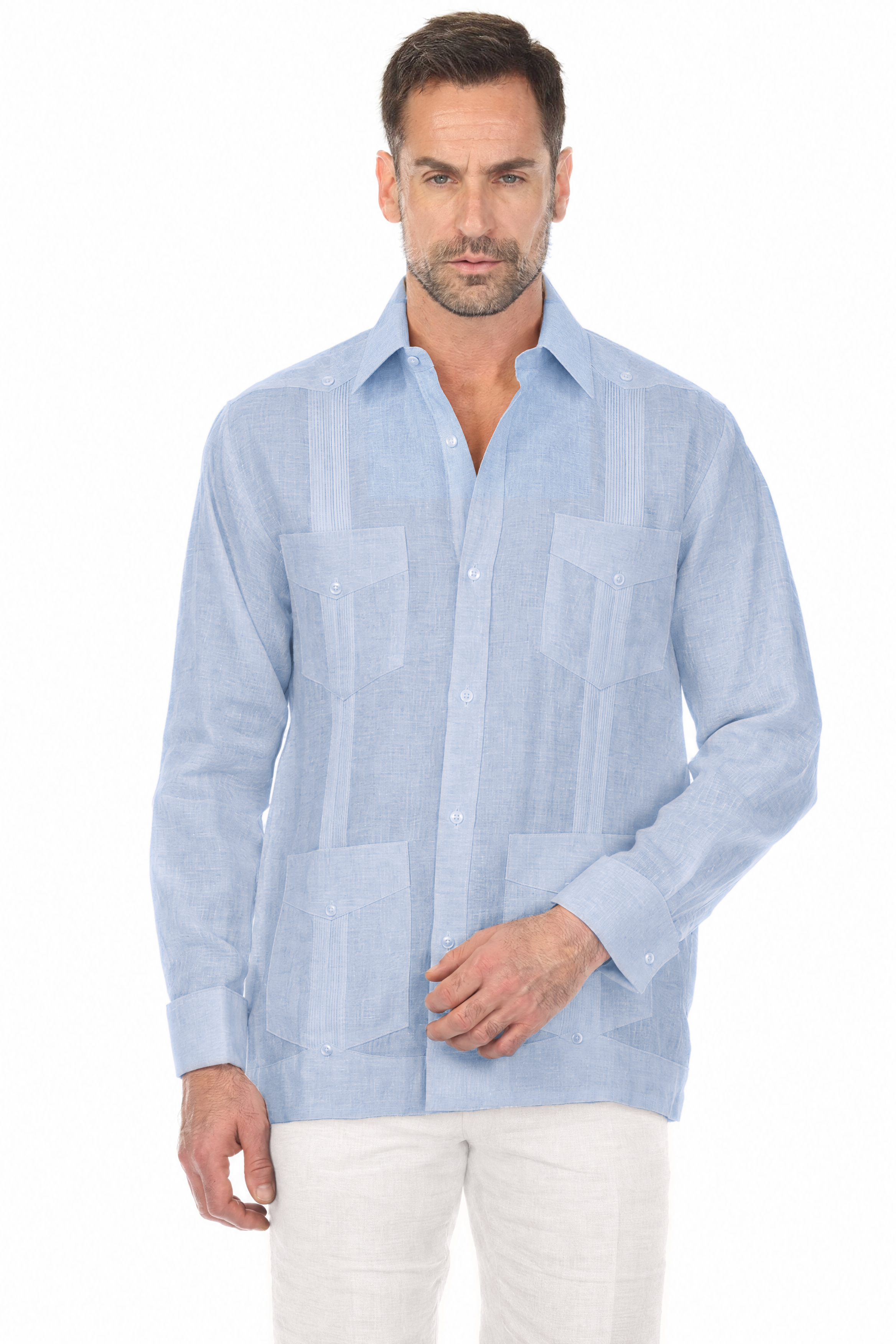 NC-2588 Blue 100% Irish Linen Four Pocket Guayabera Long Sleeve French Cuff