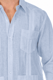 NC-2588 Blue 100% Irish Linen Four Pocket Guayabera Long Sleeve French Cuff