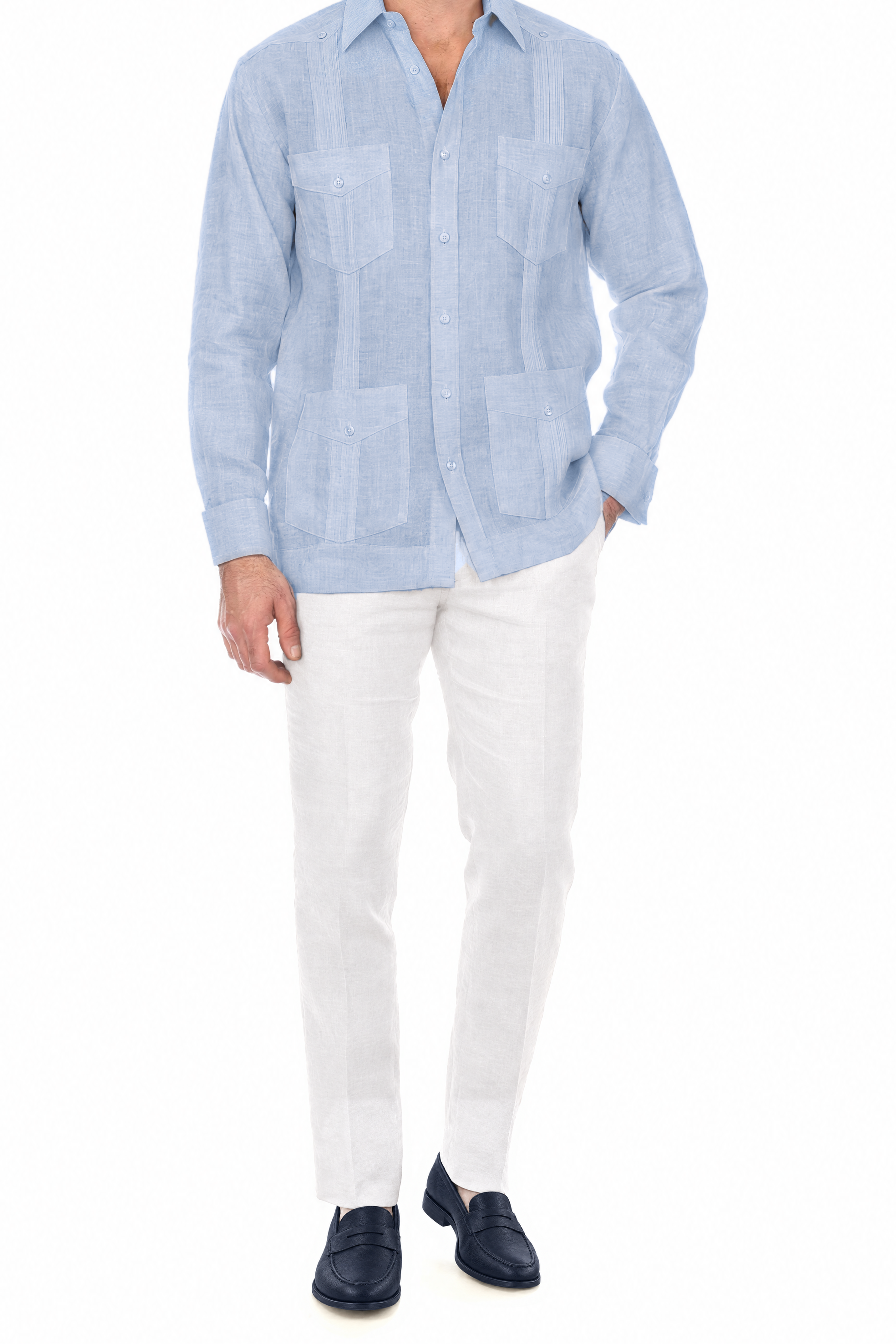 NC-2588 Blue 100% Irish Linen Four Pocket Guayabera Long Sleeve French Cuff