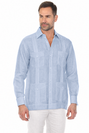 NC-2588 Blue 100% Irish Linen Four Pocket Guayabera Long Sleeve French Cuff