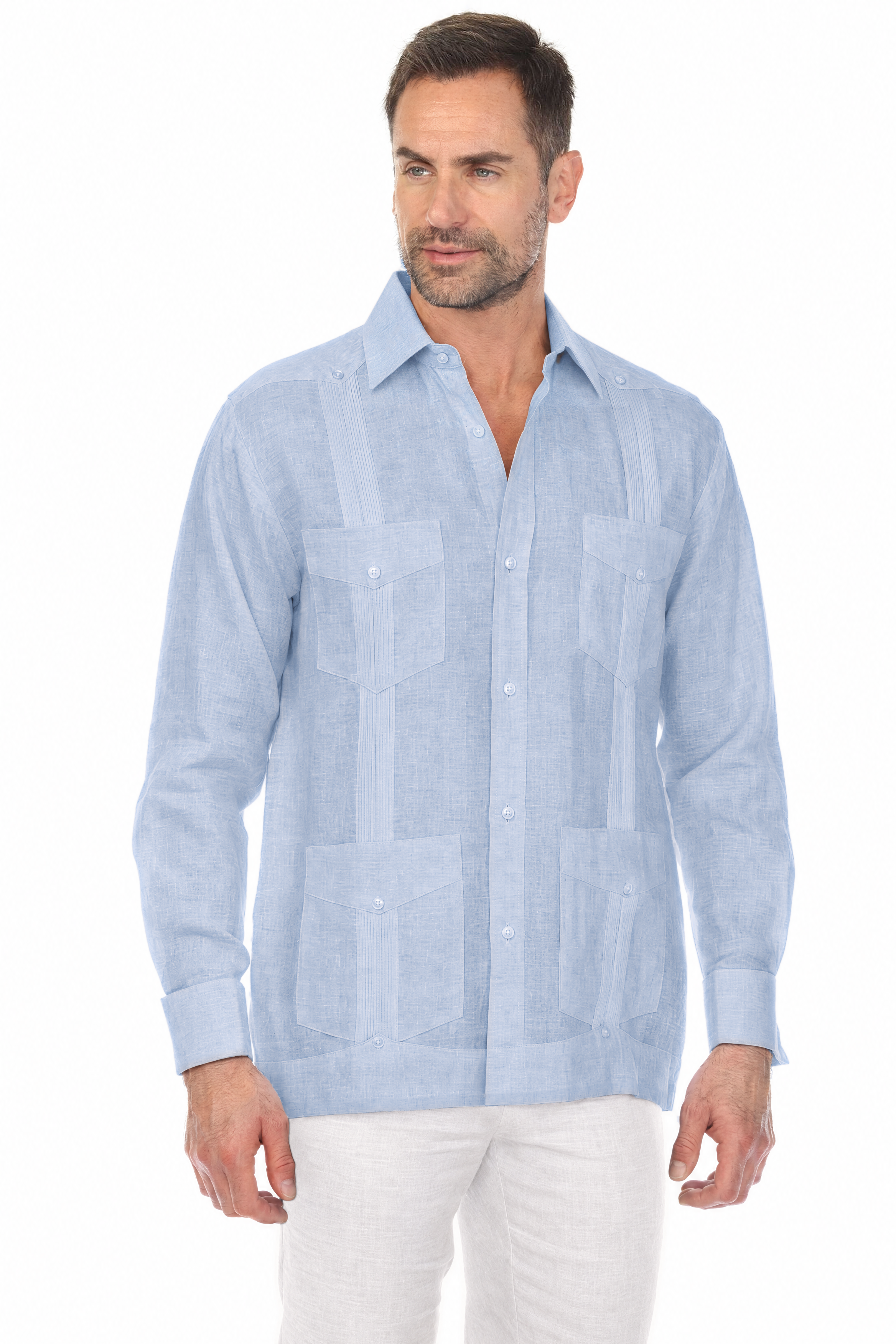 NC-2588 Blue 100% Irish Linen Four Pocket Guayabera Long Sleeve French Cuff