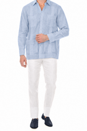 NC-2588 Blue 100% Irish Linen Four Pocket Guayabera Long Sleeve French Cuff