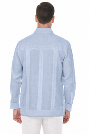 Back view of the light blue Irish Linen Four Pocket Guayabera Shirt showing the pleats.