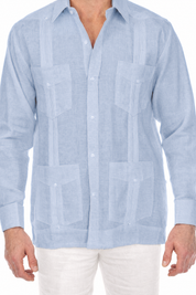 NC-2588 Blue 100% Irish Linen Four Pocket Guayabera Long Sleeve French Cuff