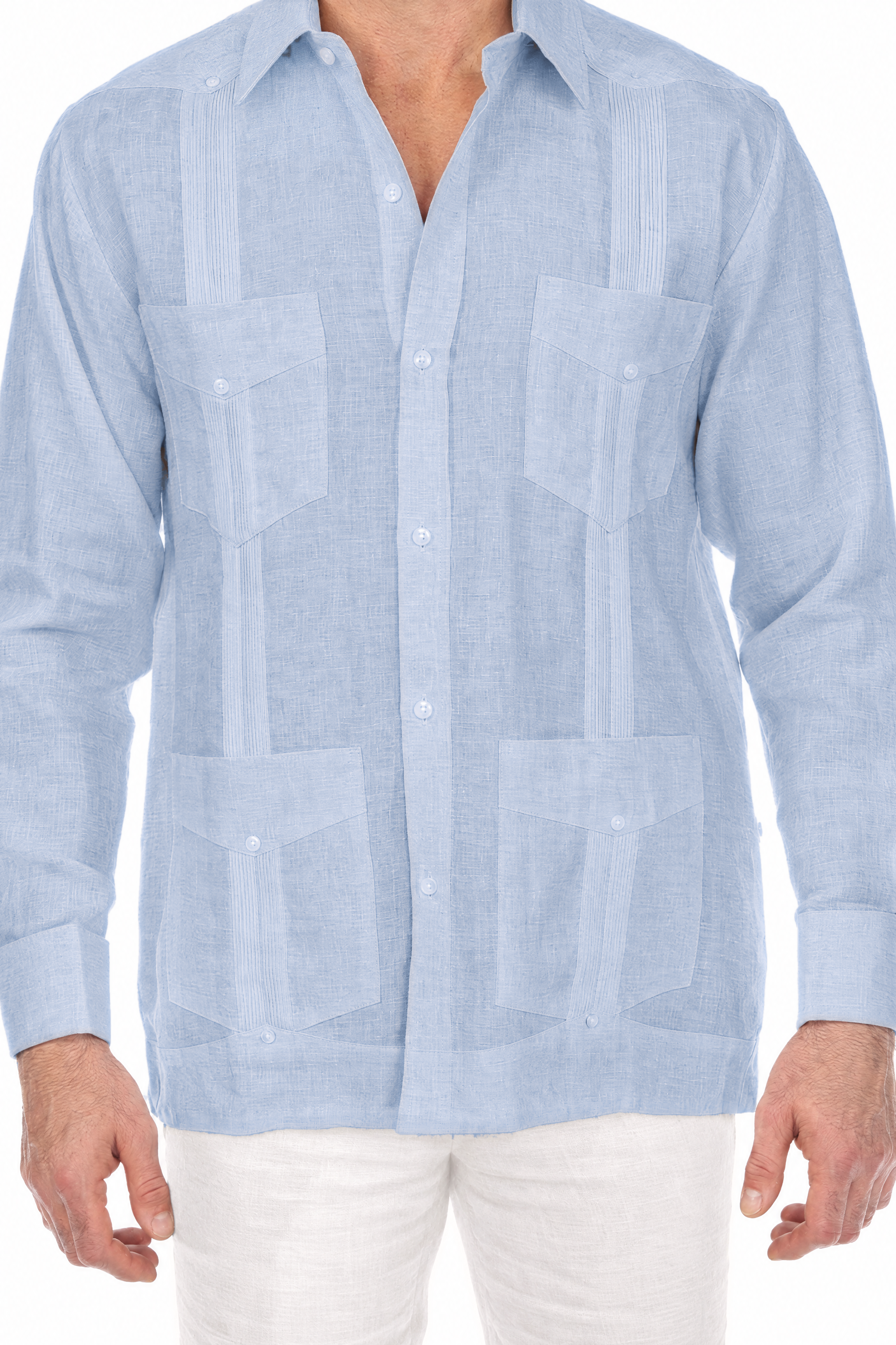NC-2588 Blue 100% Irish Linen Four Pocket Guayabera Long Sleeve French Cuff