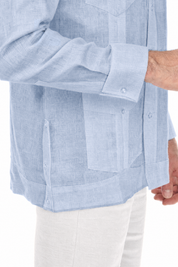 Sleeve detail of the light blue Irish Linen Four Pocket Guayabera Shirt showing the French cuff.