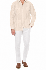NC-2588 Natural 100% Irish Linen Four Pocket Guayabera Long Sleeve French Cuff