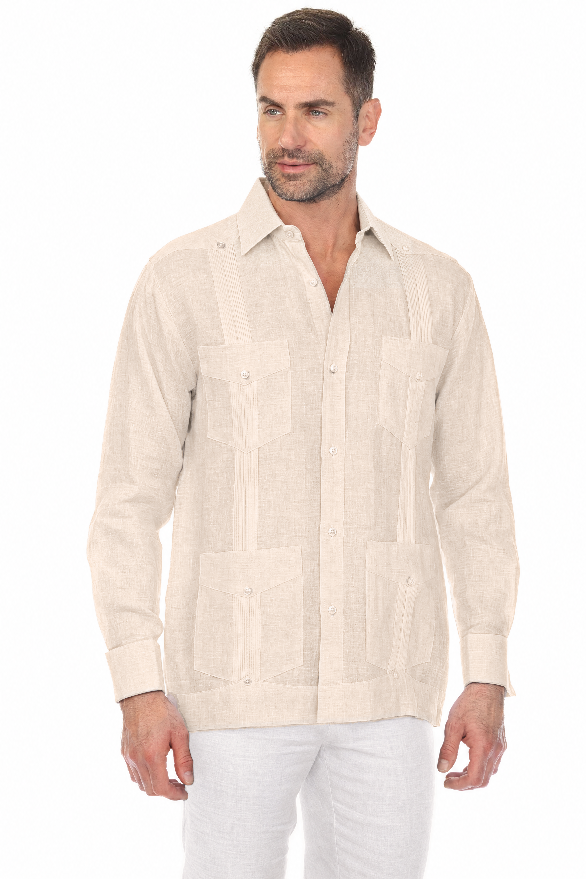 NC-2588 Natural 100% Irish Linen Four Pocket Guayabera Long Sleeve French Cuff