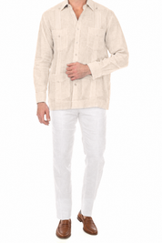NC-2588 Natural 100% Irish Linen Four Pocket Guayabera Long Sleeve French Cuff