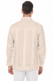 Back view of the natural Irish Linen Four Pocket Guayabera Shirt showing the pleats.