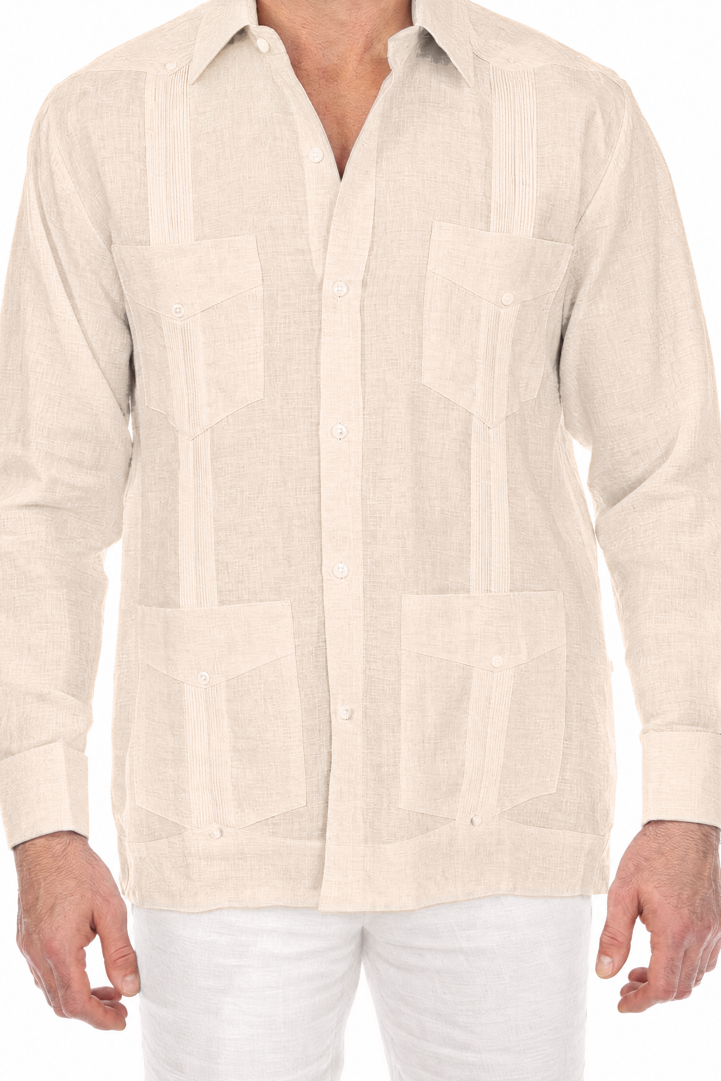 NC-2588 Natural 100% Irish Linen Four Pocket Guayabera Long Sleeve French Cuff