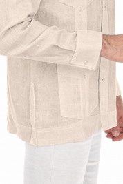 Sleeve detail of the natural Irish Linen Four Pocket Guayabera Shirt showing the French cuff.