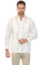 Front view of a man modeling a white, long-sleeve Irish Linen Four Pocket Guayabera Shirt.