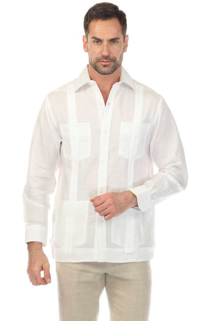 Front view of a man modeling a white, long-sleeve Irish Linen Four Pocket Guayabera Shirt.