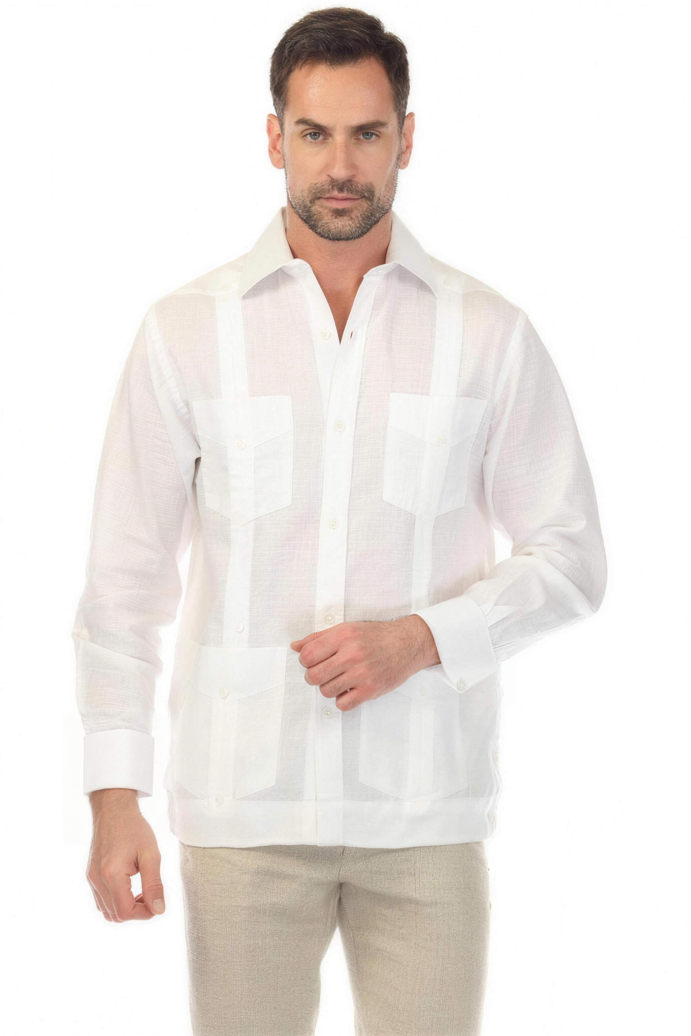 NC-2588 White 100% Irish Linen Four Pocket Guayabera Long Sleeve French Cuff
