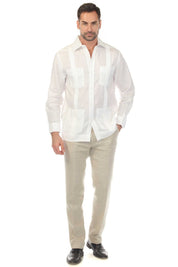 Man wearing a white, long-sleeve Irish Linen Four Pocket Guayabera Shirt, shown from the front.