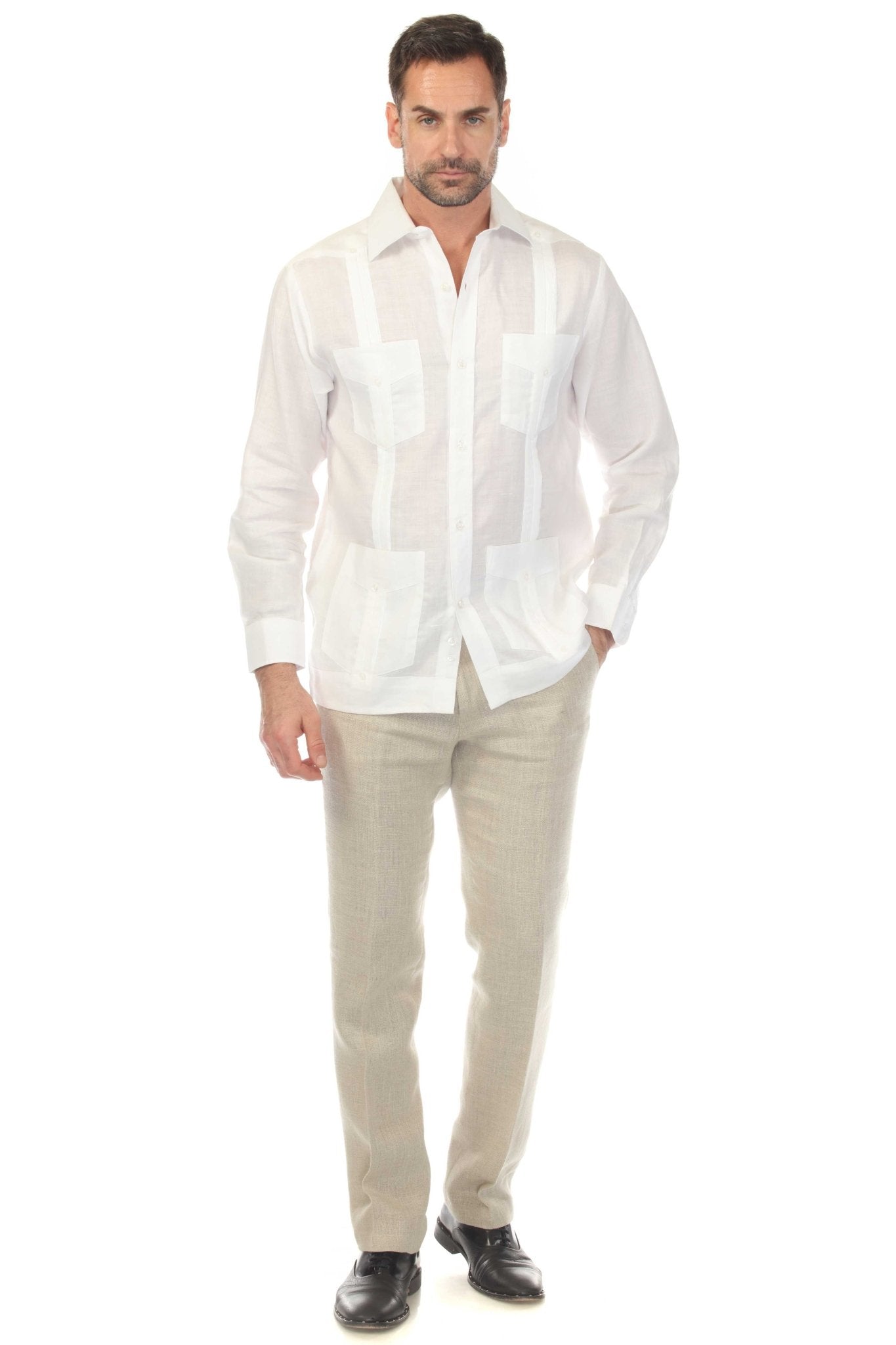 Man wearing a white, long-sleeve Irish Linen Four Pocket Guayabera Shirt, shown from the front.