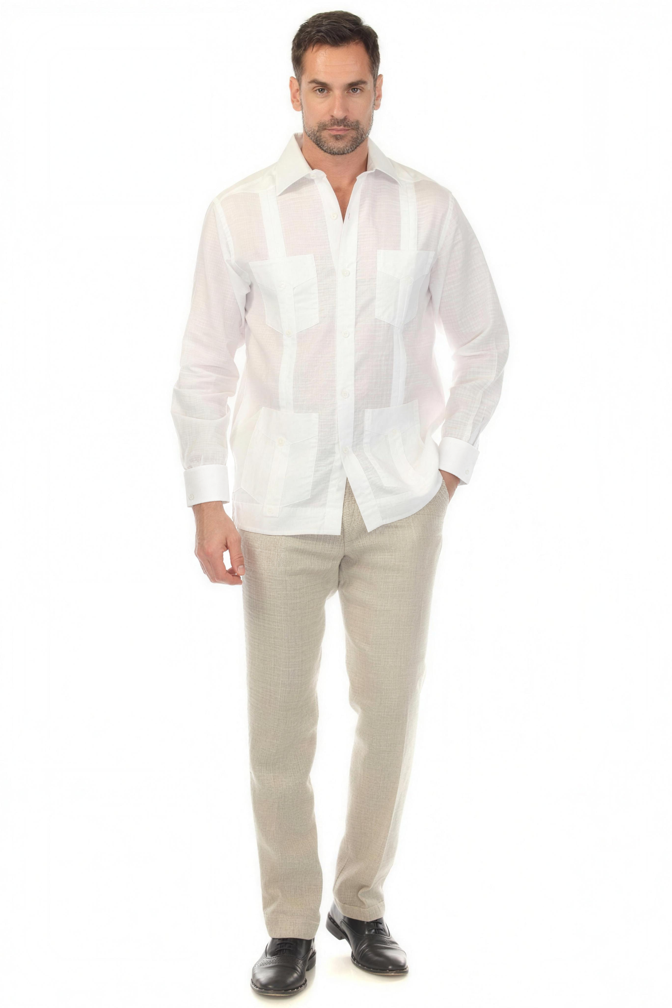 NC-2588 White 100% Irish Linen Four Pocket Guayabera Long Sleeve French Cuff