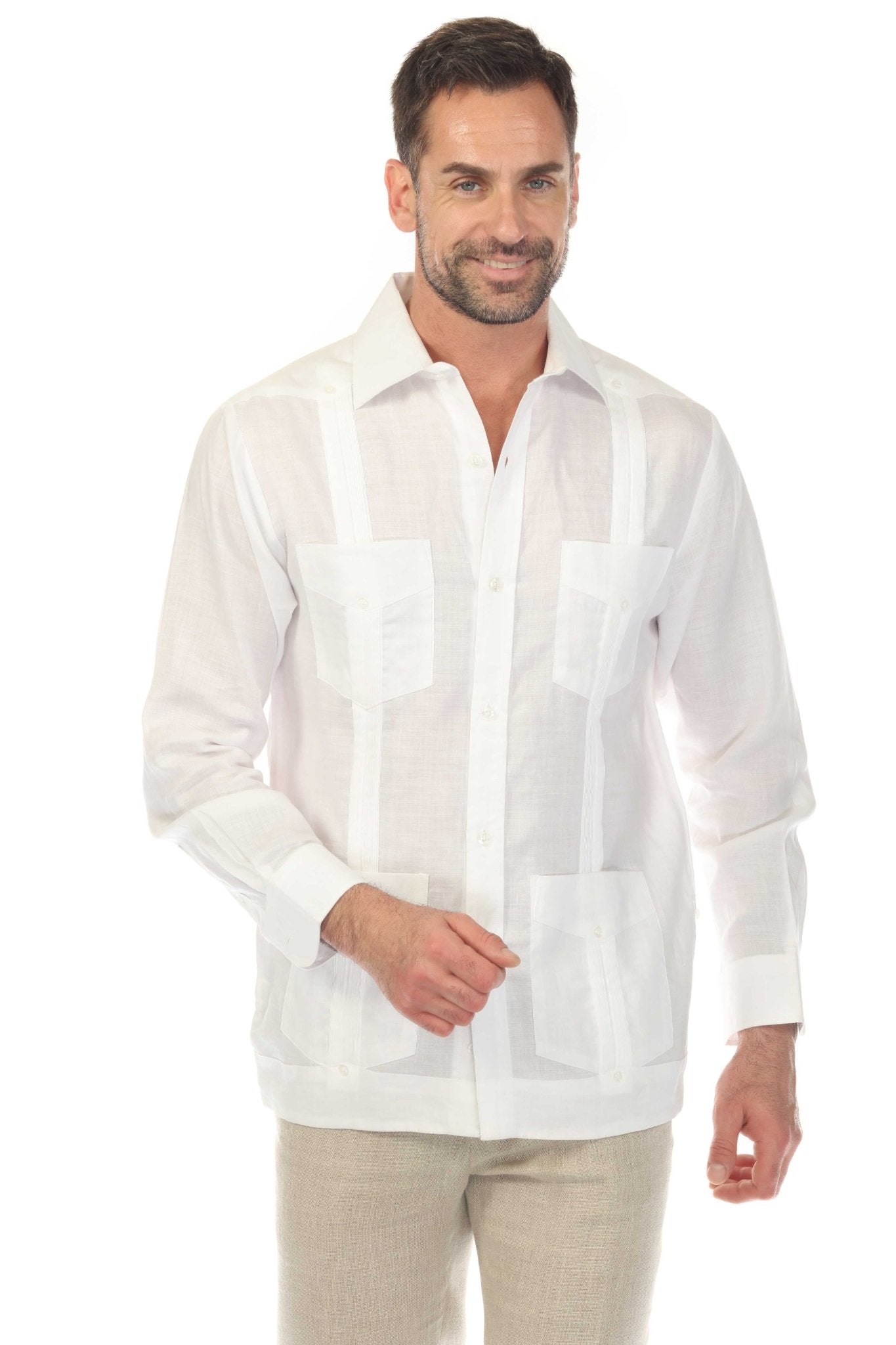 Front view of a man wearing a white, long-sleeve Irish Linen Four Pocket Guayabera Shirt.