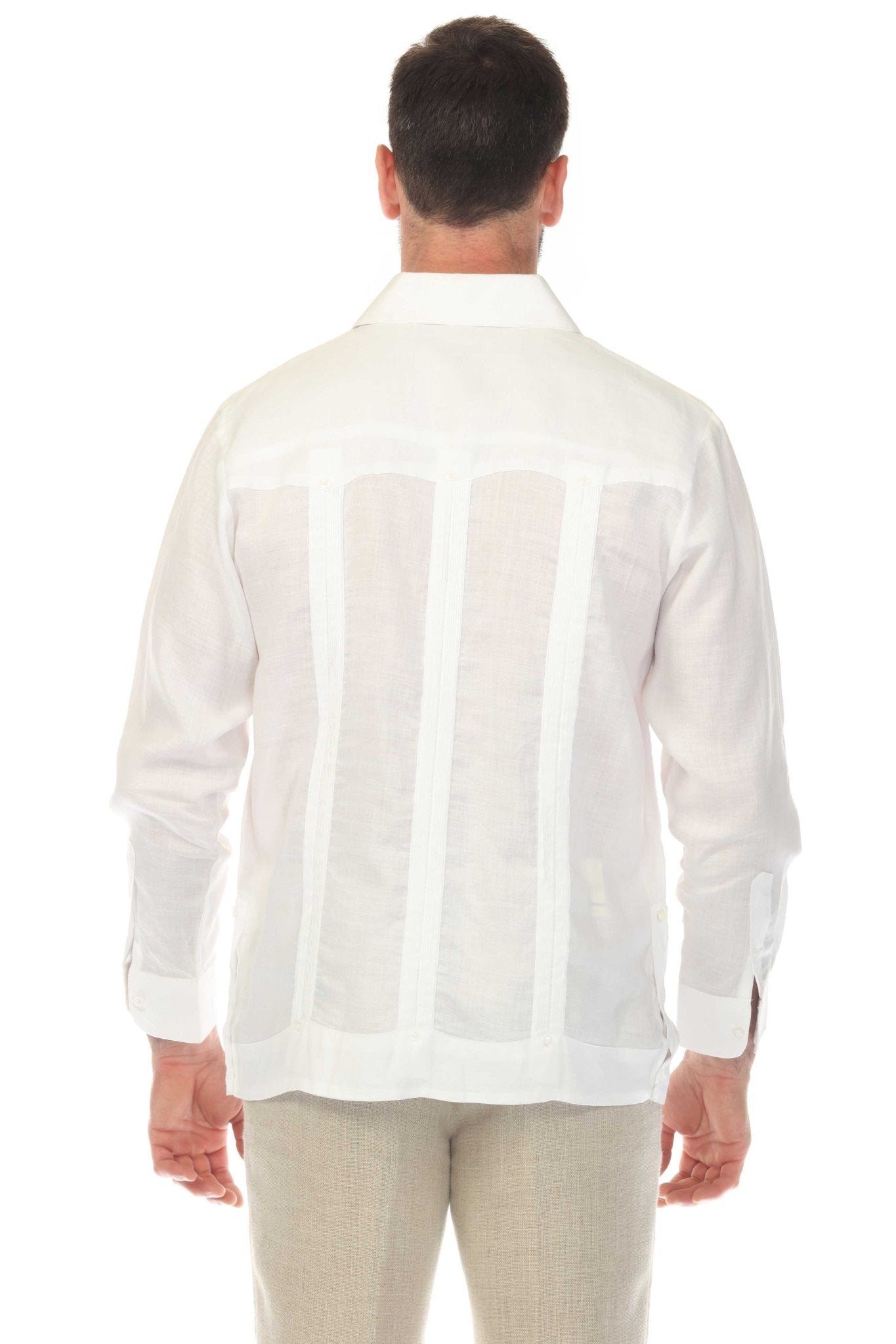 Back view of a man wearing a long-sleeved, white Irish Linen Four Pocket Guayabera Shirt.