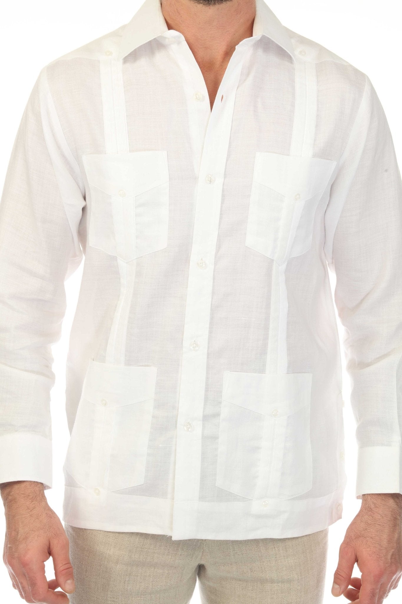 Close-up of a white, long-sleeved Irish Linen Four Pocket Guayabera Shirt featuring its four pockets.