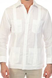 Close-up of a white, long-sleeved Irish Linen Four Pocket Guayabera Shirt featuring its four pockets.