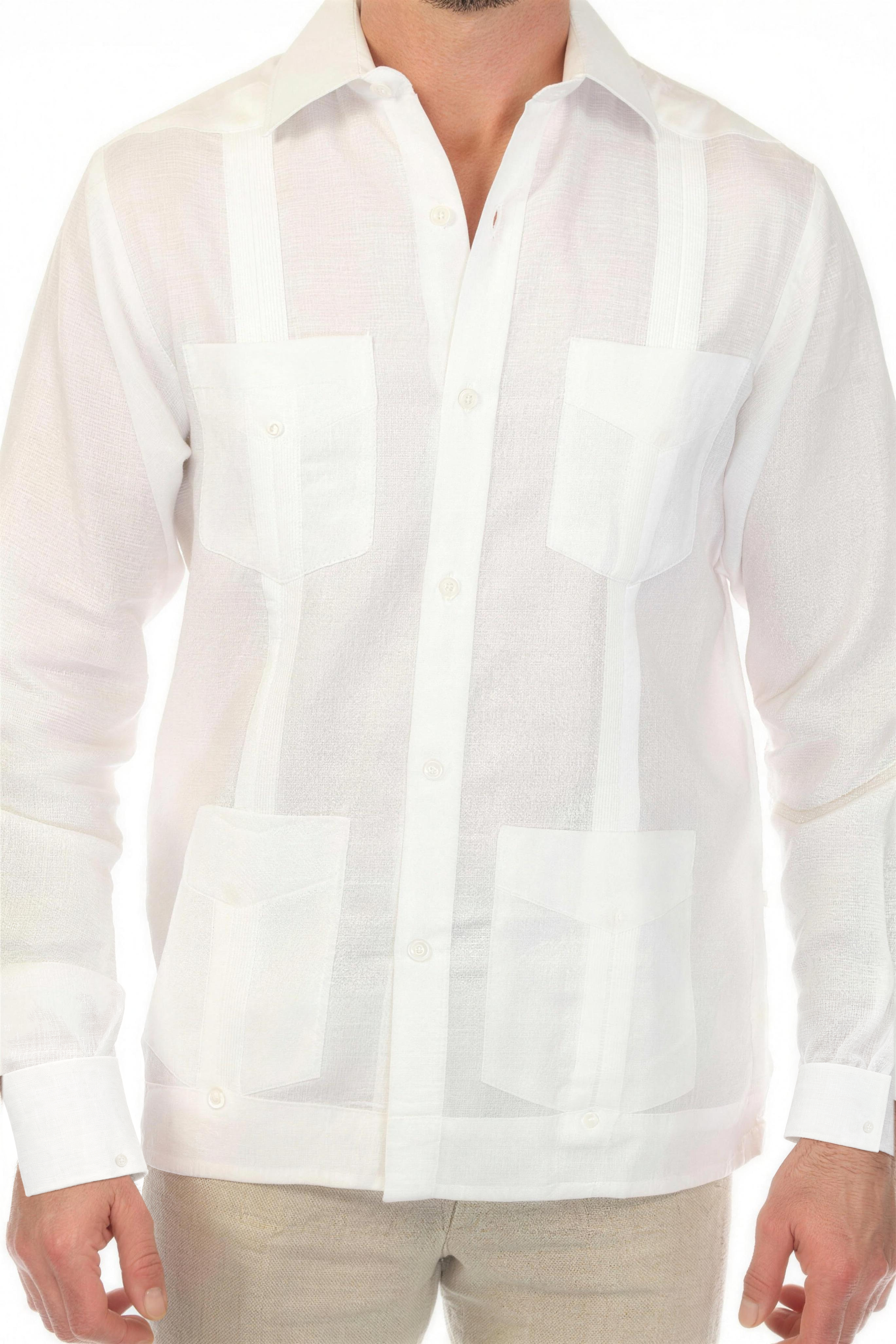 NC-2588 White 100% Irish Linen Four Pocket Guayabera Long Sleeve French Cuff