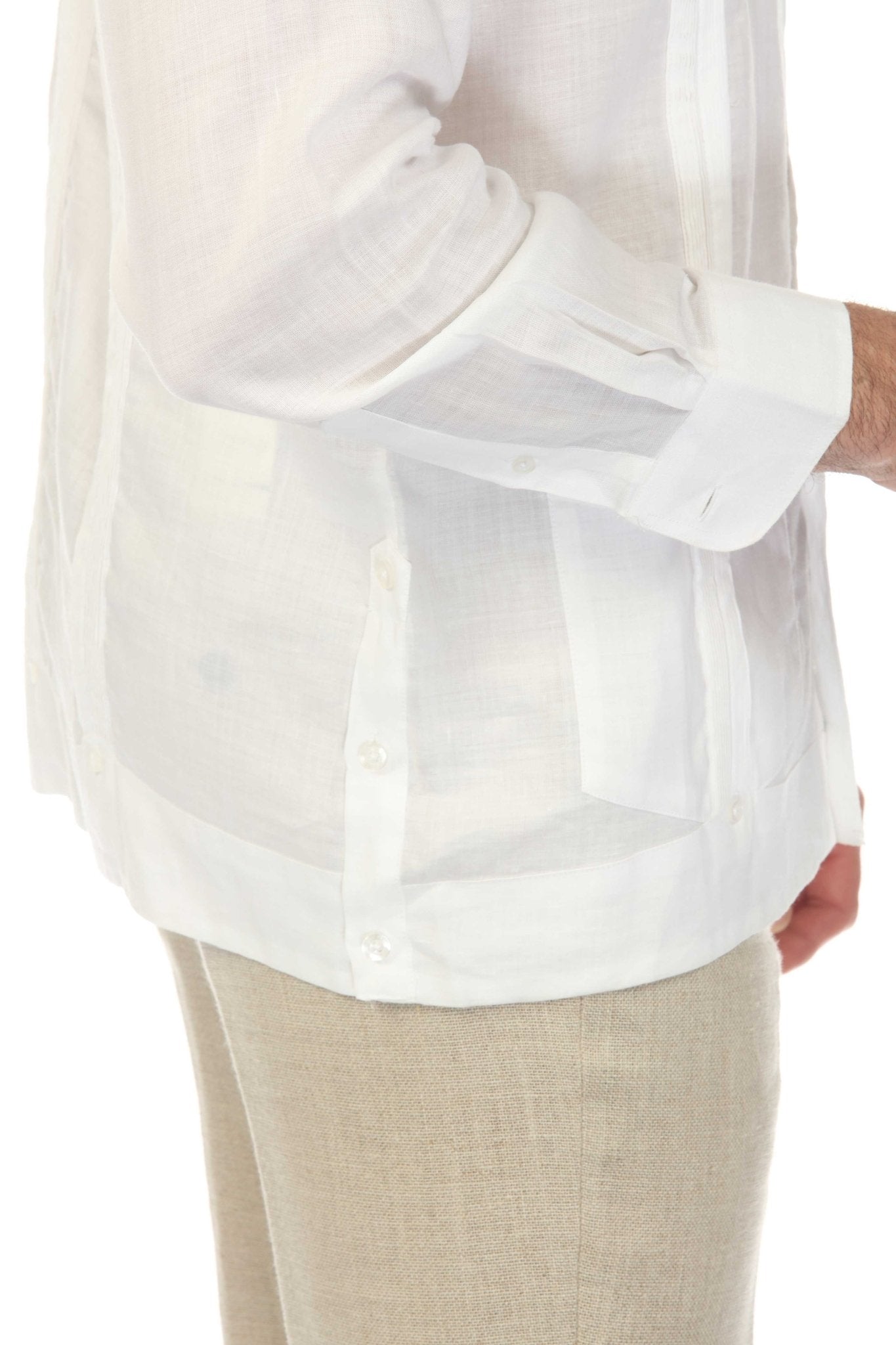 Close-up of a white long-sleeve Irish Linen Four Pocket Guayabera Shirt, showing pocket and button details.
