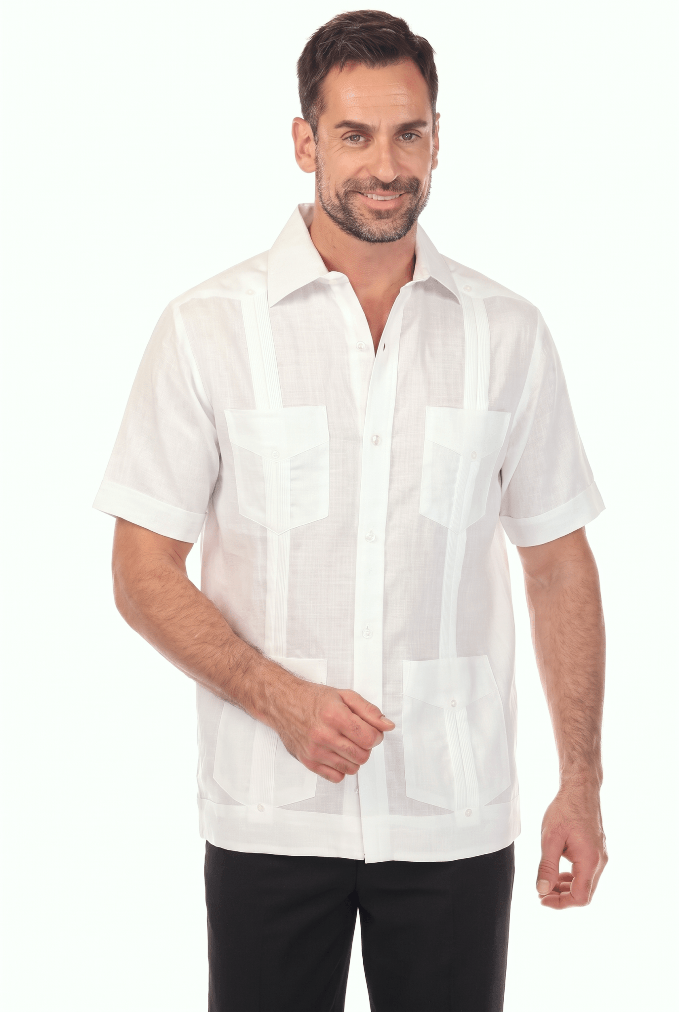 Front view of a man wearing a white, short-sleeve Irish Linen Four Pocket Guayabera Shirt.